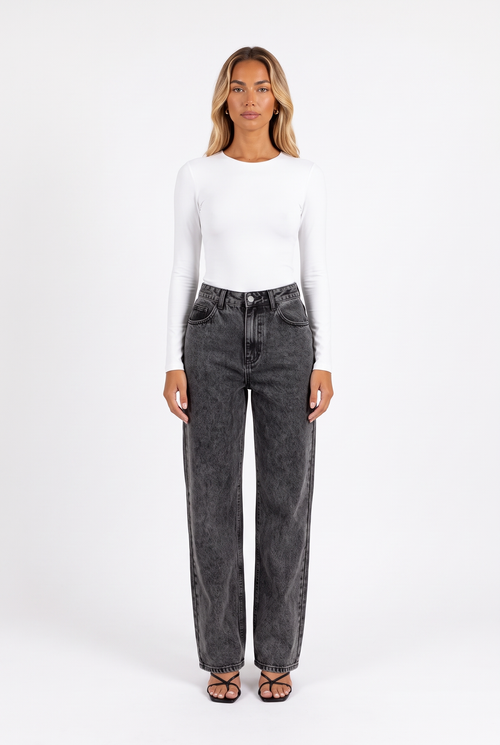 Charcoal acid-wash high-waist wide-leg jeans — front