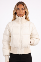 Ivory cropped puffer jacket with ribbed funnel collar — ribbed collar, zip and cuff detail