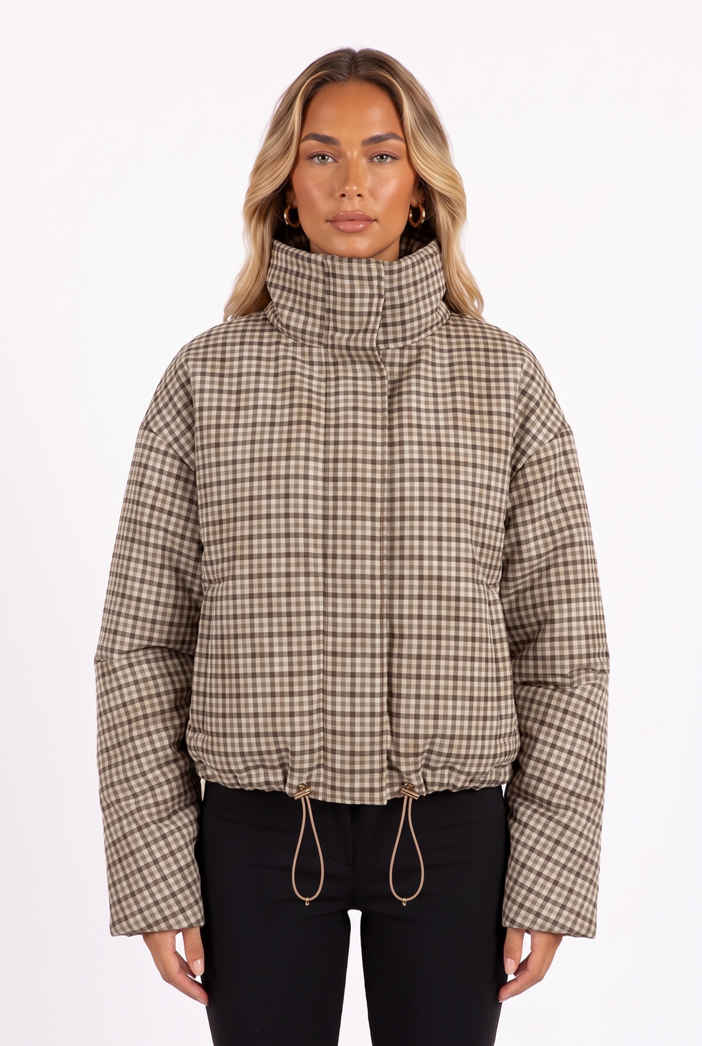 Brown gingham padded funnel-neck cropped jacket — collar, zip and drawstring detail