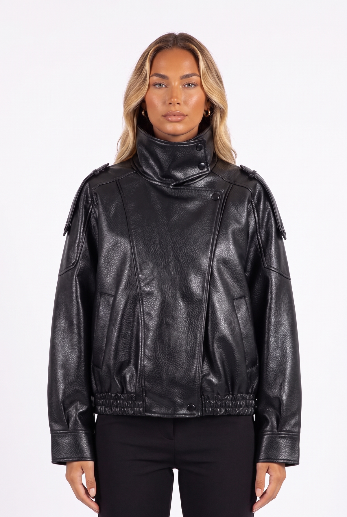Black faux-leather cropped bomber with funnel collar — collar, placket and epaulette detail