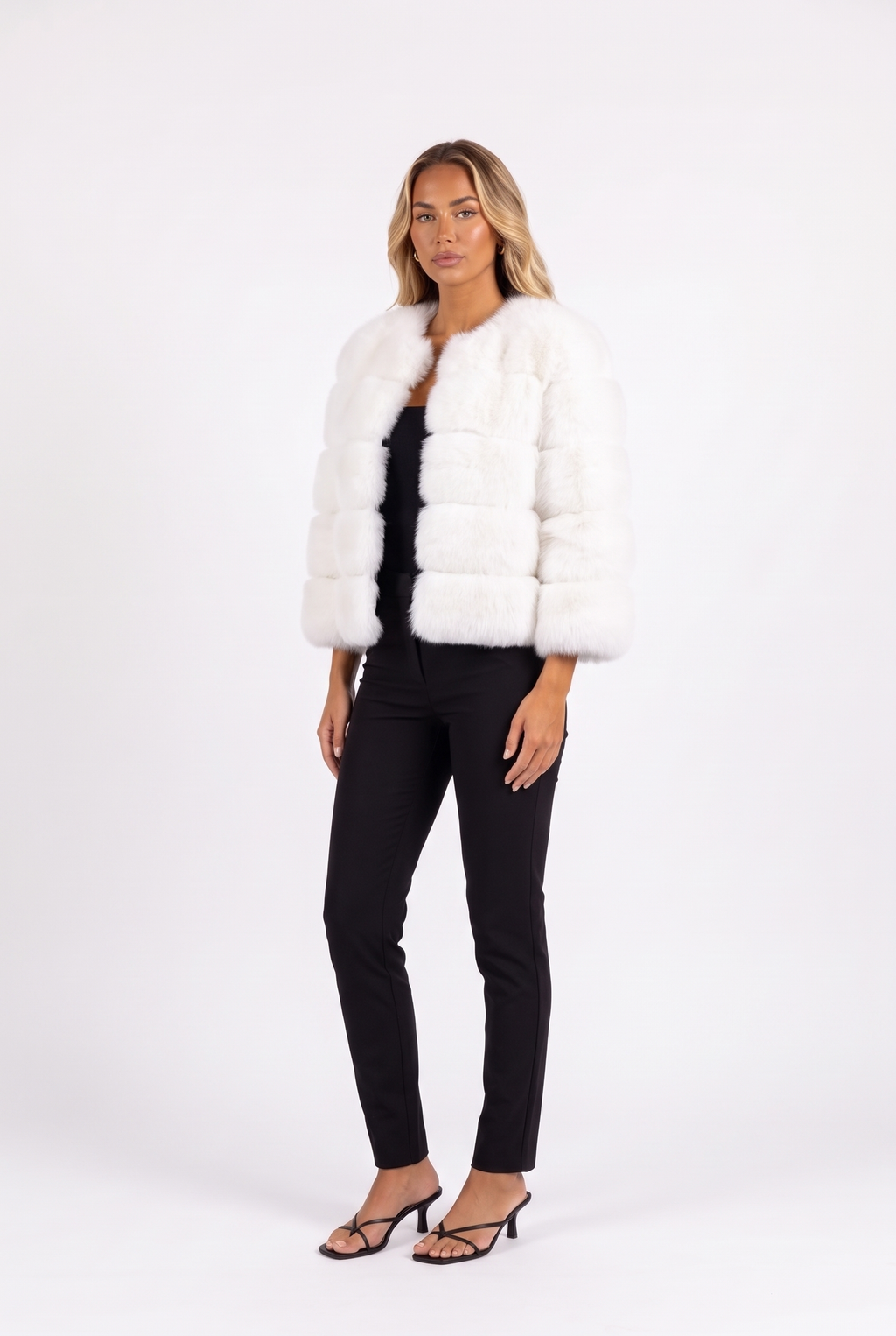 White banded faux fur cropped jacket — three-quarter