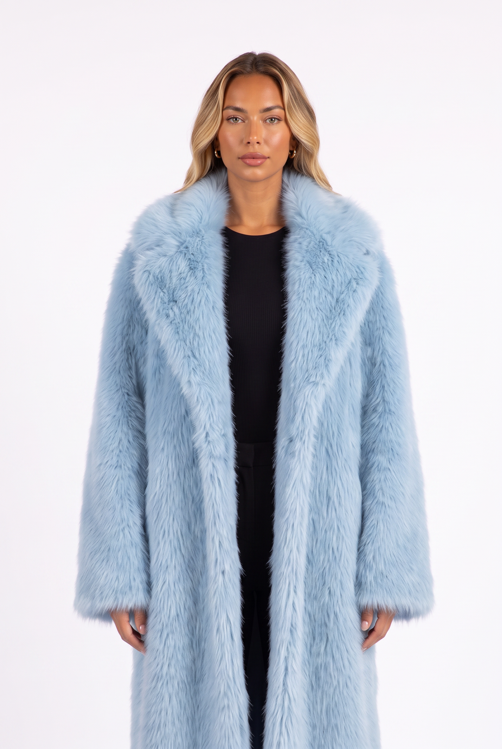Sky blue long faux fur coat with notched lapels — lapel and fur detail