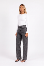 Charcoal acid-wash high-waist wide-leg jeans — three-quarter