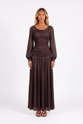 Draped cowl-neck bishop-sleeve maxi dress in Brown — front