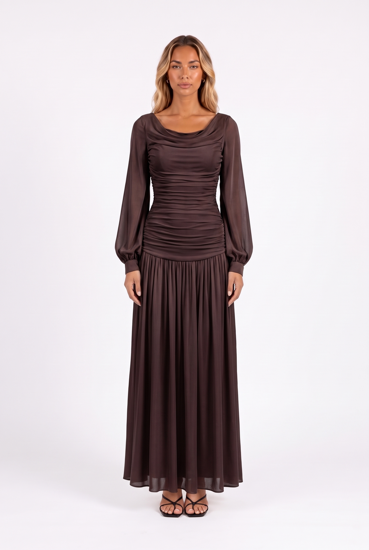 Draped cowl-neck bishop-sleeve maxi dress in Brown — front