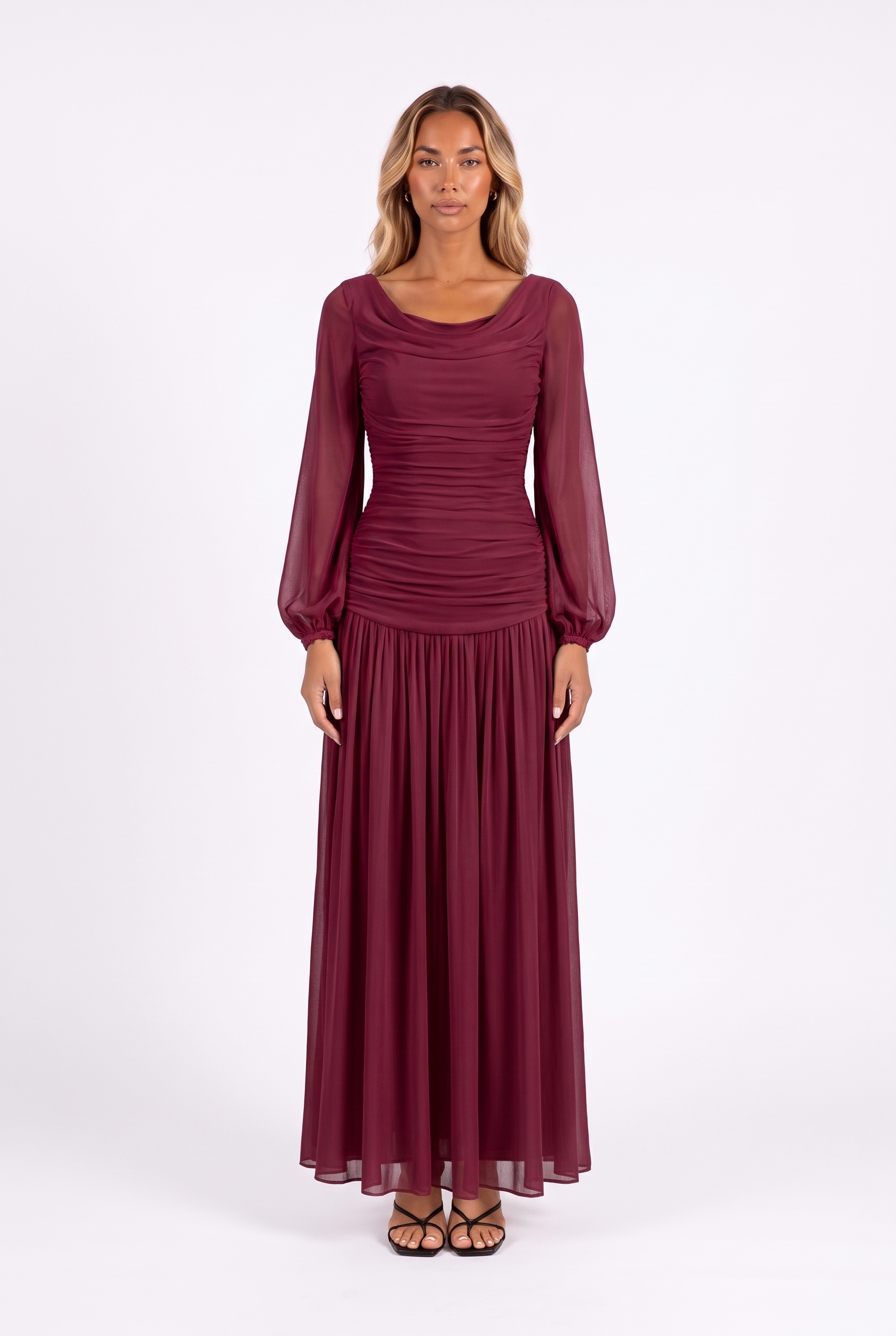 Draped cowl-neck bishop-sleeve maxi dress in Wine Red — front