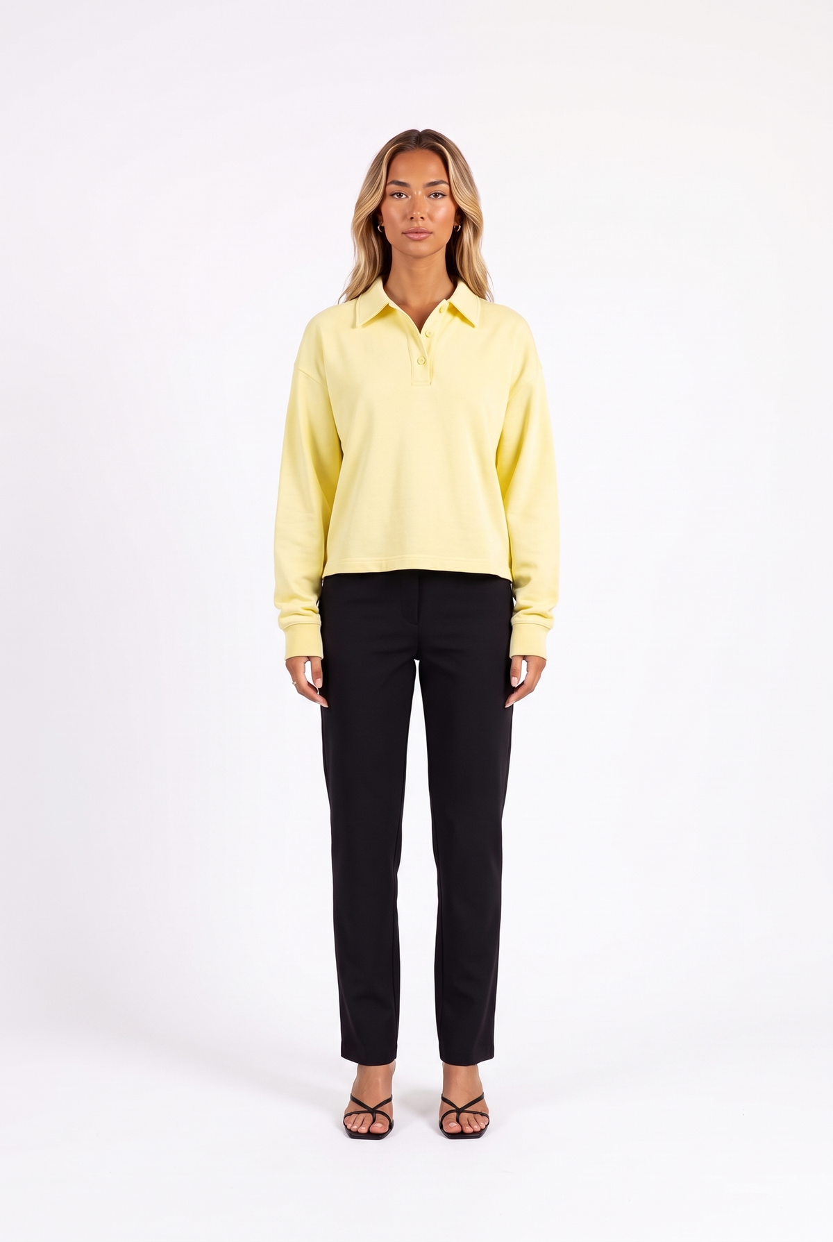 Long-sleeve cropped polo top in Yellow — front
