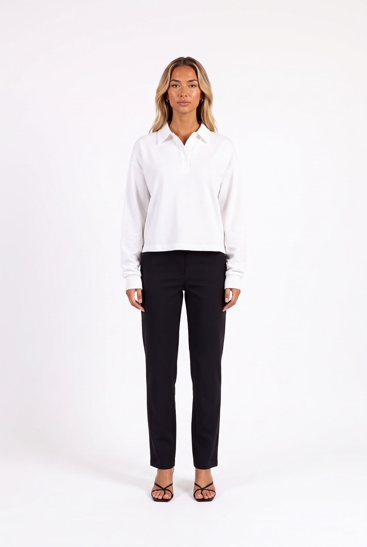Long-sleeve cropped polo top in White — front