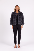 Dark grey cropped faux fur jacket with three-quarter sleeves — front