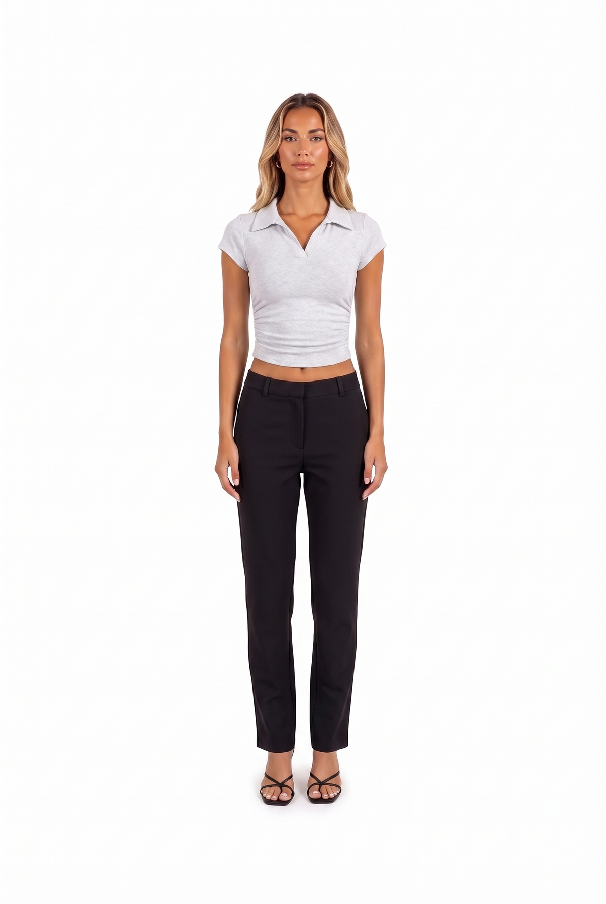 Slim Collared Crop Polo Top in White grey — front