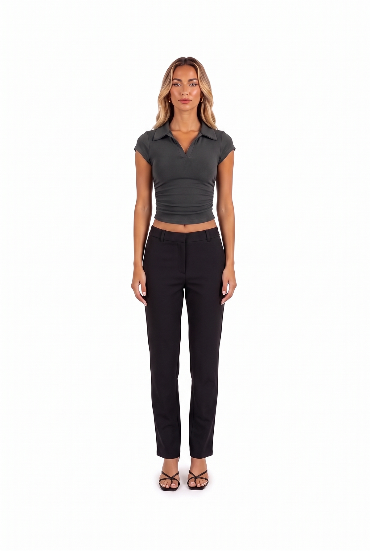 Slim Collared Crop Polo Top in Dark grey — front