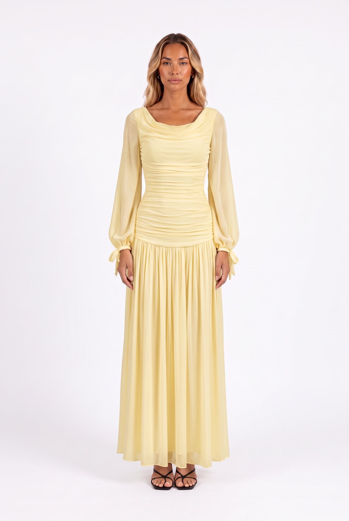 Draped cowl-neck bishop-sleeve maxi dress in Yellow — front
