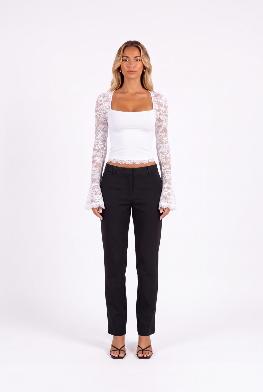 Lace-trim square-neck flare-sleeve top in WHITE — front