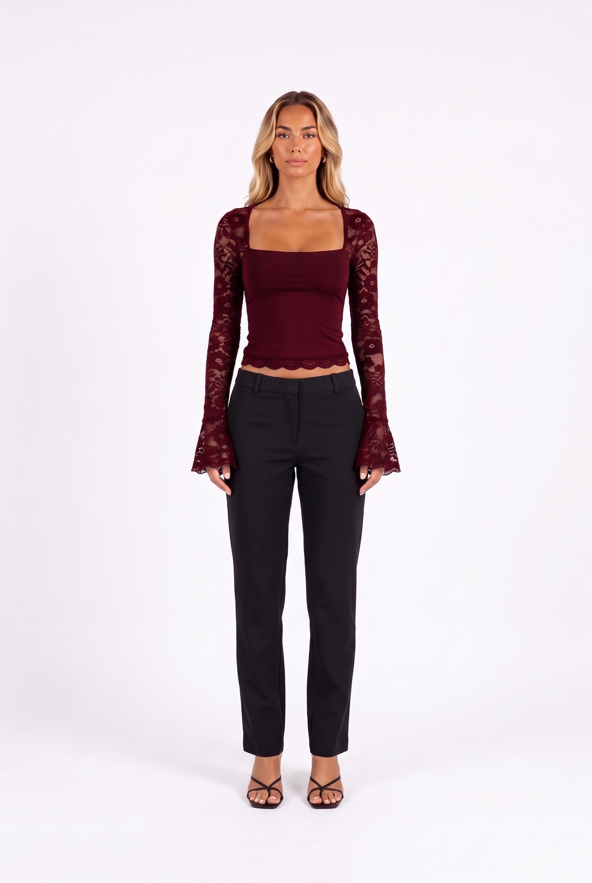 Lace-trim square-neck flare-sleeve top in Burgundy — front