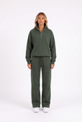 Funnel-collar zip sweatshirt and wide-leg pants set in dark green — front