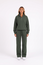 Funnel-collar zip sweatshirt and wide-leg pants set in dark green — front