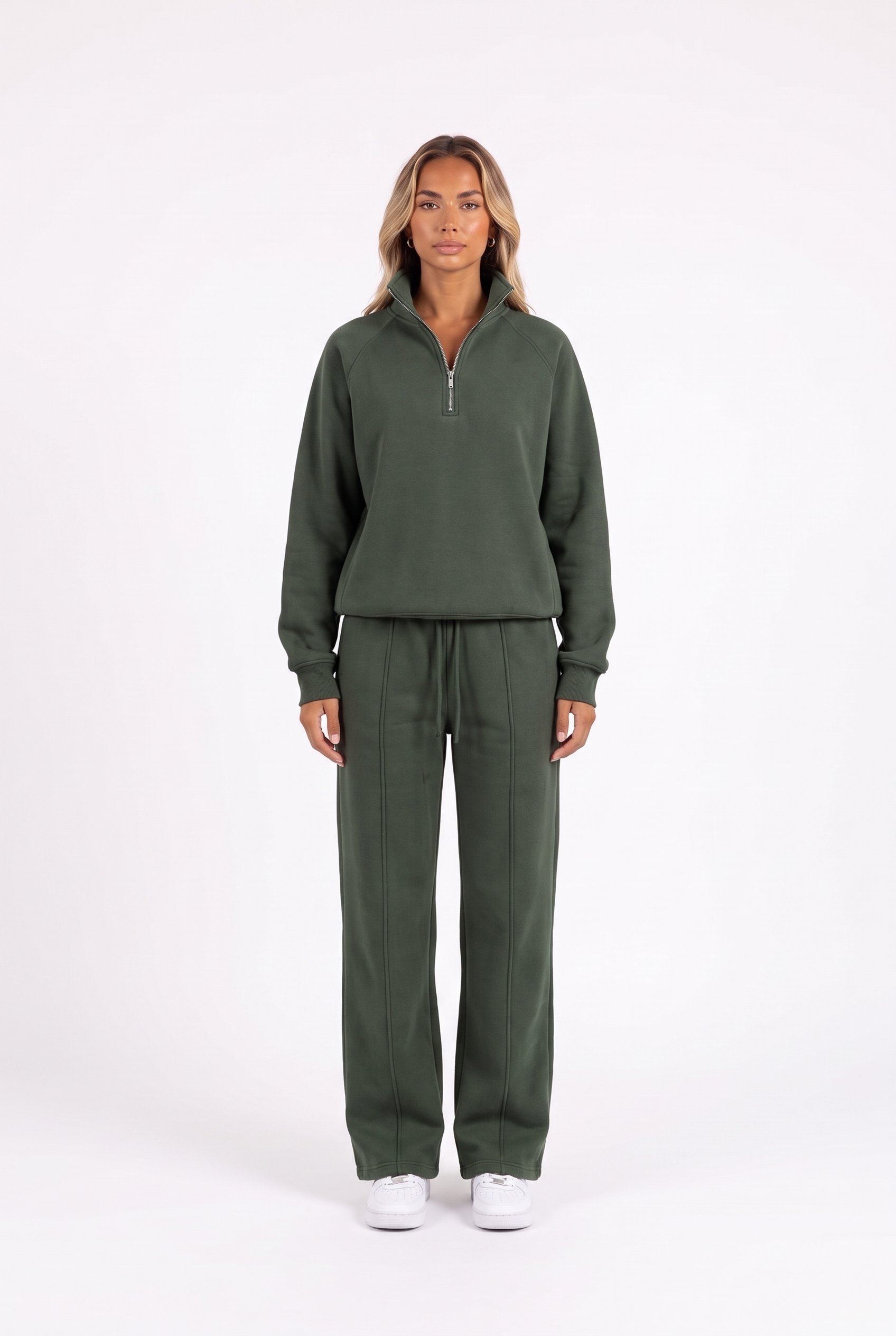 Funnel-collar zip sweatshirt and wide-leg pants set in dark green — front