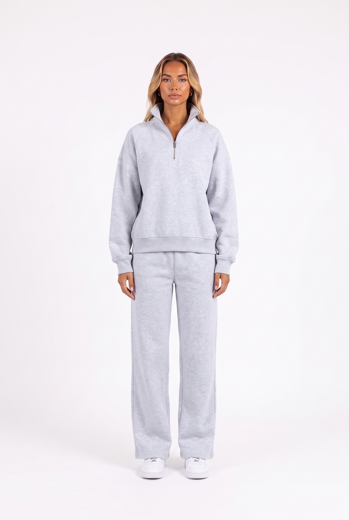 Funnel-collar zip sweatshirt and wide-leg pants set in light grey — front