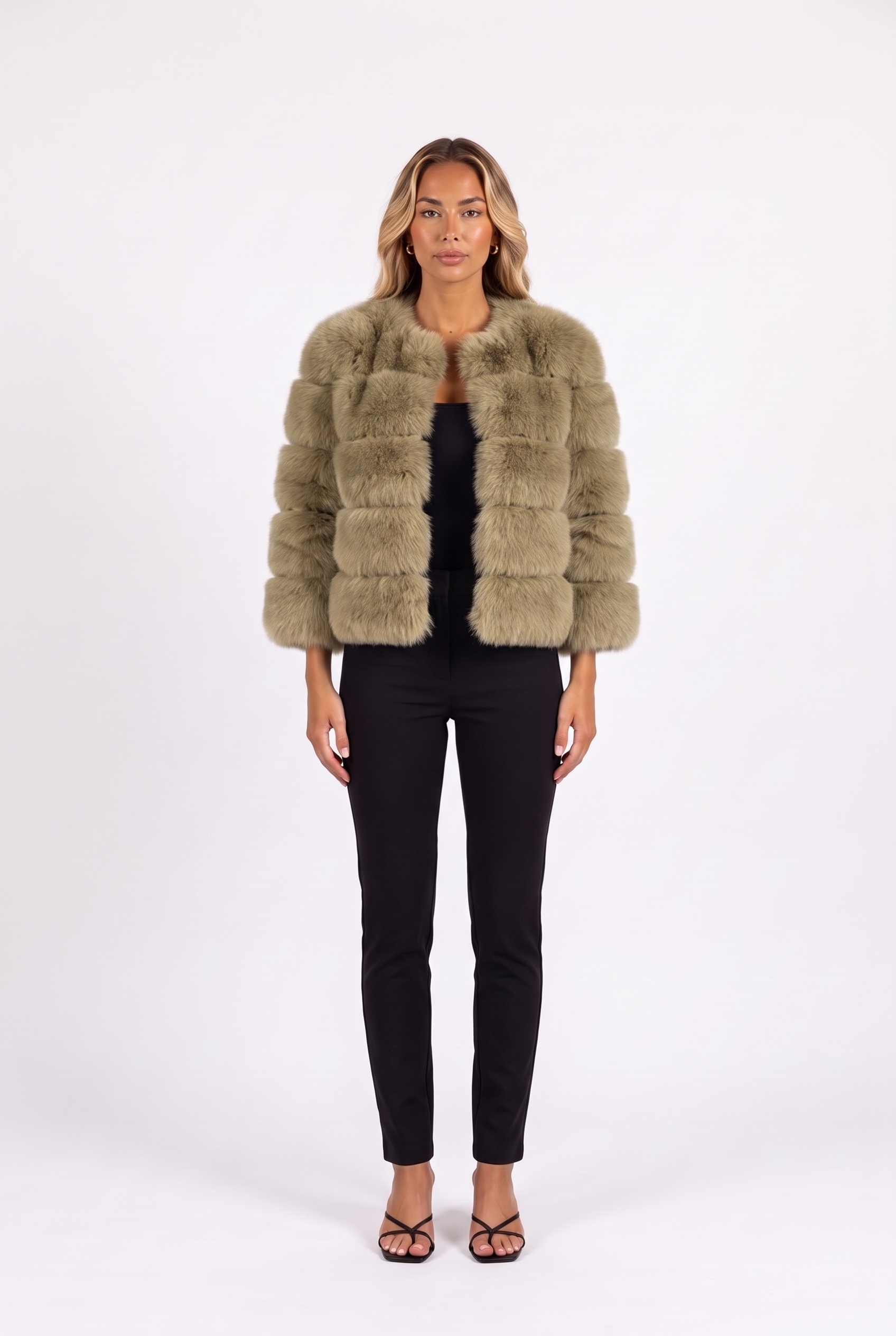 Khaki cropped faux fur jacket with three-quarter sleeves — front