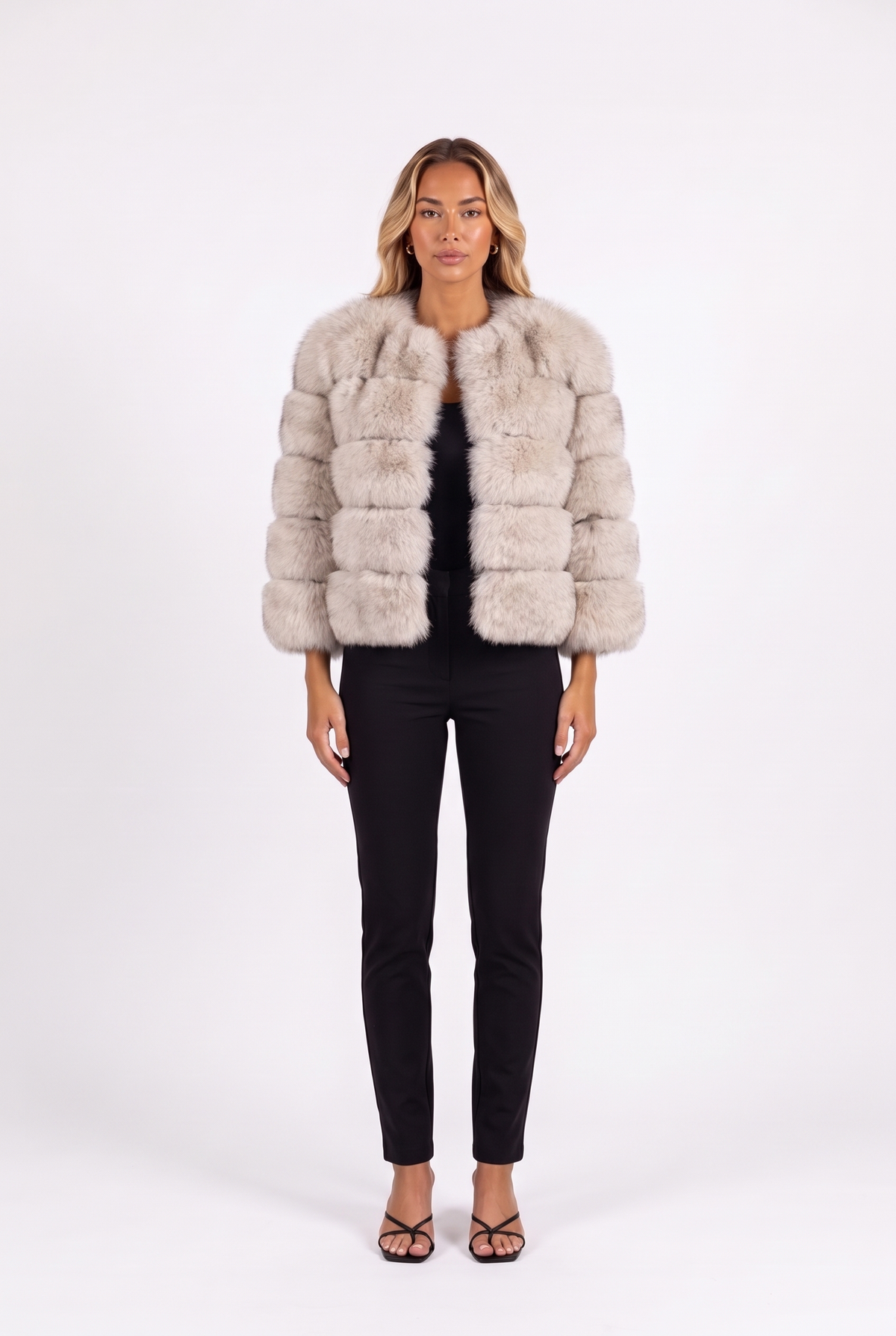 Silver fox colour cropped faux fur jacket with three-quarter sleeves — front